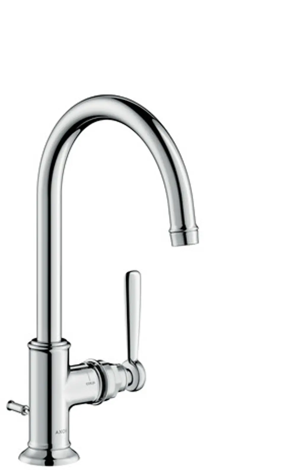 Ein Chrom-Waschtischmischer mit einem gekrümmten Auslauf und einem Hebelgriff. Das Produkt ist von AXOR und enthält eine Zugstangen-Ablaufgarnitur.
